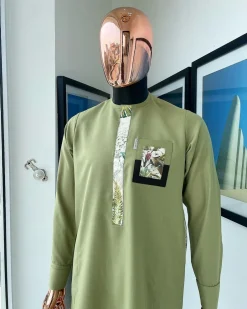 An Olive green and paisley flap detailing african traditional senator kaftan native.