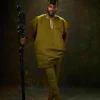 An Olive Green, Champagne Gold Hand-Beaded Dashiki