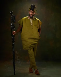 An Olive Green, Champagne Gold Hand-Beaded Dashiki