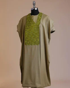 An Olive Green, Connected inverted cube -layered 3D embroidery design with splashed matching green ss30 Swarovski stone details agbada