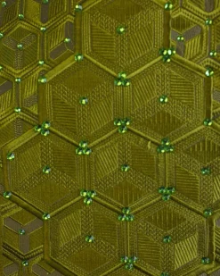 An Olive Green, Connected inverted cube -layered 3D embroidery design with splashed matching green ss30 Swarovski stone details agbada