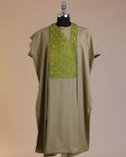 An Olive Green, Connected inverted cube -layered 3D embroidery design with splashed matching green ss30 Swarovski stone details agbada