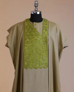 An Olive Green, Connected inverted cube -layered 3D embroidery design with splashed matching green ss30 Swarovski stone details agbada