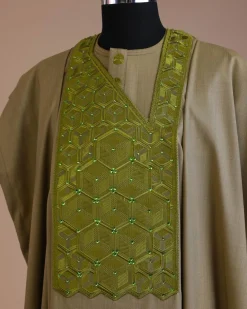 An Olive Green, Connected inverted cube -layered 3D embroidery design with splashed matching green ss30 Swarovski stone details agbada