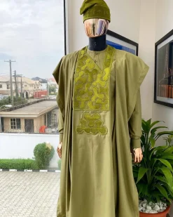 An Olive Green, Geometrical Embroidery Details Agbada