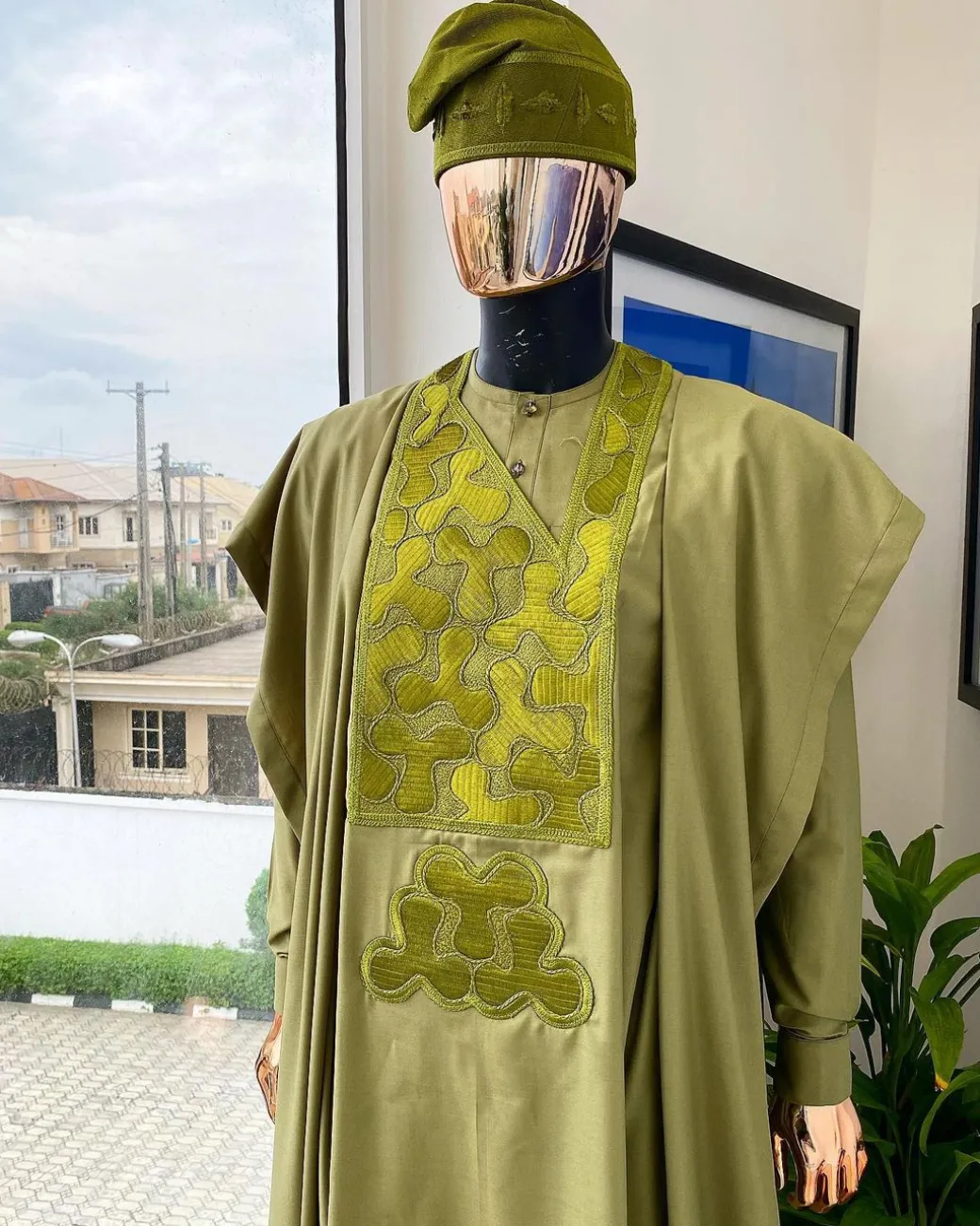 An Olive Green, Geometrical Embroidery Details Agbada
