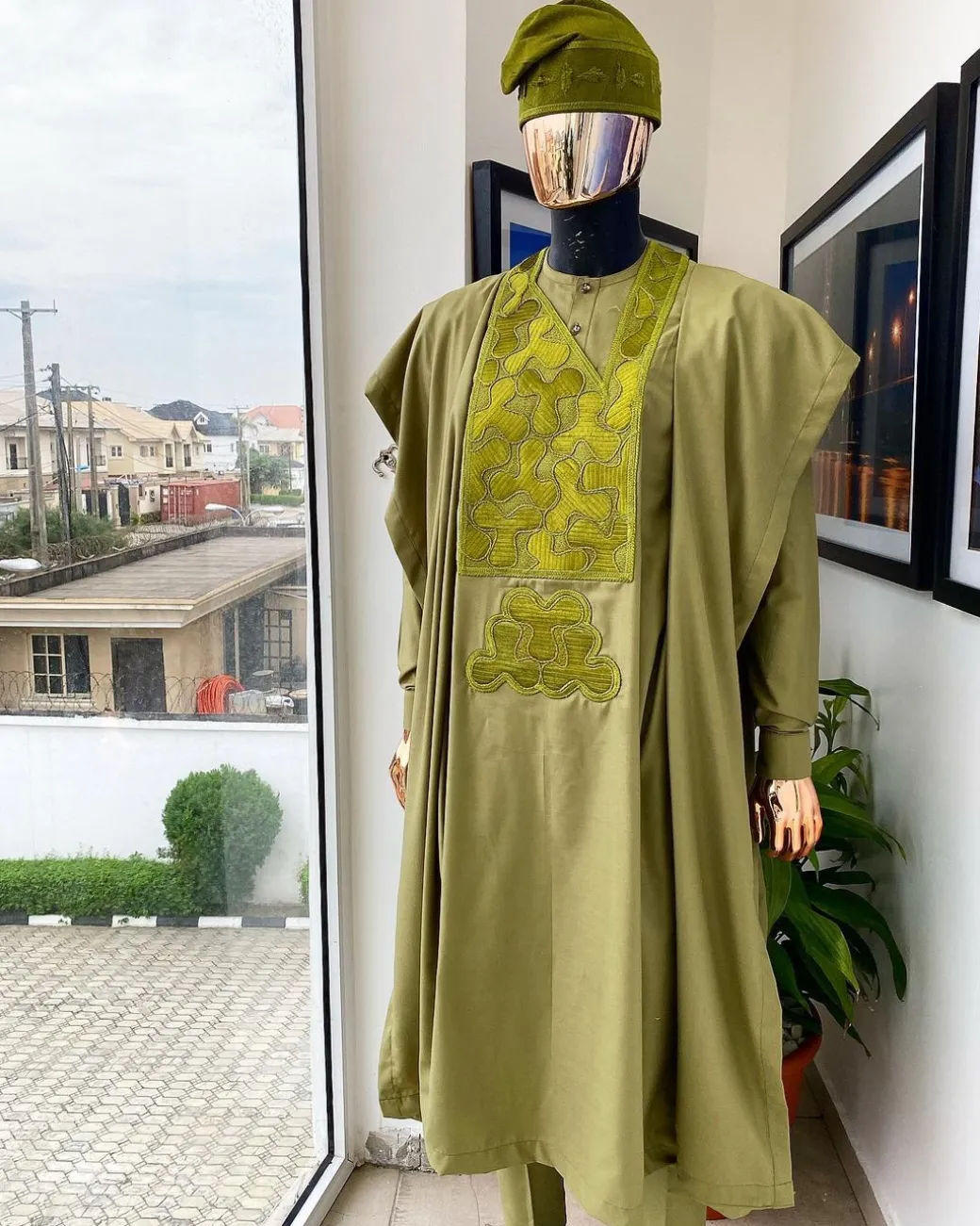 An Olive Green, Geometrical Embroidery Details Agbada