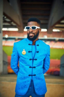 An Olympic blue mandarin floral safari suit