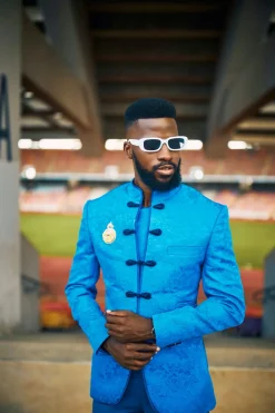 An Olympic blue mandarin floral safari suit
