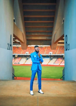 An Olympic blue mandarin floral safari suit