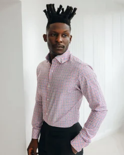 An Orange, blue & white plaid check with a high collar with a turn-up casual shirt.