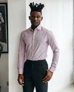 An Orange, blue & white plaid check with a high collar with a turn-up casual shirt.