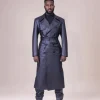 An oversized “Ghost Rider” leather, Charcoal black, double breasted trench bikers jacket