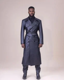 An oversized “Ghost Rider” leather, Charcoal black, double breasted trench bikers jacket