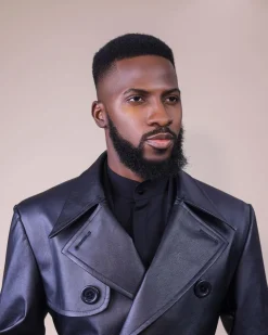 An oversized “Ghost Rider” leather, Charcoal black, double breasted trench bikers jacket