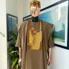 An tortilla Brown, Night walker embroidery details agbada, mixed Swarovski buttons on 3/4 sleeve kaftan & sokoto
