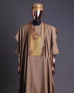 An tortilla Brown, Night walker embroidery details agbada, mixed Swarovski buttons on 3/4 sleeve kaftan & sokoto