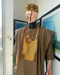 An tortilla Brown, Night walker embroidery details agbada, mixed Swarovski buttons on 3/4 sleeve kaftan & sokoto