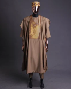 An tortilla Brown, Night walker embroidery details agbada, mixed Swarovski buttons on 3/4 sleeve kaftan & sokoto