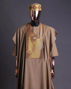 An tortilla Brown, Night walker embroidery details agbada, mixed Swarovski buttons on 3/4 sleeve kaftan & sokoto