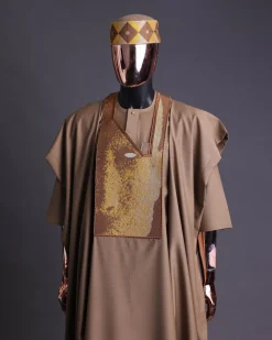 An tortilla Brown, Night walker embroidery details agbada, mixed Swarovski buttons on 3/4 sleeve kaftan & sokoto