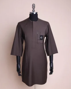 An Uber brown, front flap, connected mazed rectangle, 3/4 sleeve African senator kaftan native.