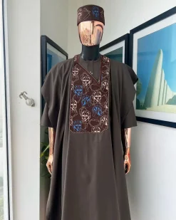 An Umber Brown, AI connected iron-man maze embroidery details agbada, mixed Swarovski buttons on 3/4 sleeve kaftan & sokoto