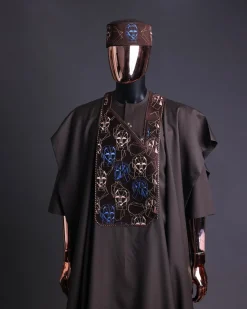 An Umber Brown, AI connected iron-man maze embroidery details agbada, mixed Swarovski buttons on 3/4 sleeve kaftan & sokoto