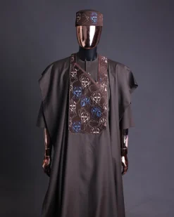 An Umber Brown, AI connected iron-man maze embroidery details agbada, mixed Swarovski buttons on 3/4 sleeve kaftan & sokoto