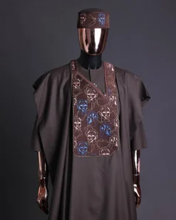 An Umber Brown, AI connected iron-man maze embroidery details agbada, mixed Swarovski buttons on 3/4 sleeve kaftan & sokoto