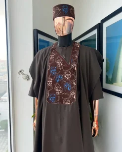 An Umber Brown, AI connected iron-man maze embroidery details agbada, mixed Swarovski buttons on 3/4 sleeve kaftan & sokoto