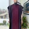 An Umber brown, connected square embroidery design with matching black and brown Swarovski stone details agbada, matching hat, buba & sokoto