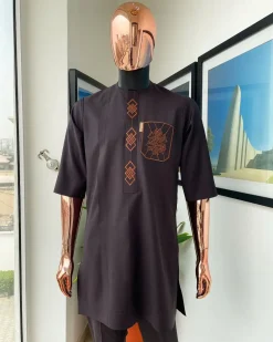 An umber brown, 3D precision anchor embroidery flap and pocket detailing African traditional senator Kaftan native