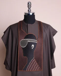An Umber Brown, virtual reality (meta quest) user embroidery details agbada, 3/4 sleeve kaftan & sokoto