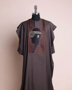 An Umber Brown, virtual reality (meta quest) user embroidery details agbada, 3/4 sleeve kaftan & sokoto