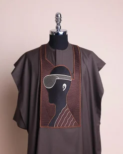An Umber Brown, virtual reality (meta quest) user embroidery details agbada, 3/4 sleeve kaftan & sokoto