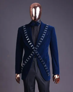 An “X” Midnight Blue, soaked velvet fabric, knitted, wide peak lapel tuxedo suit