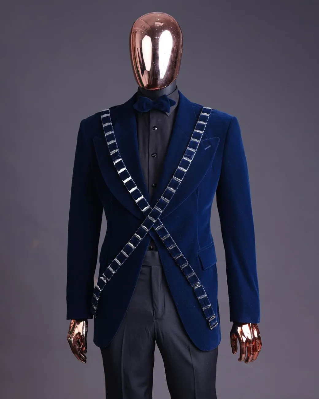An “X” Midnight Blue, soaked velvet fabric, knitted, wide peak lapel tuxedo suit