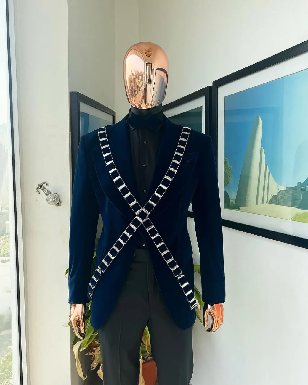 An “X” Midnight Blue, soaked velvet fabric, knitted, wide peak lapel tuxedo suit