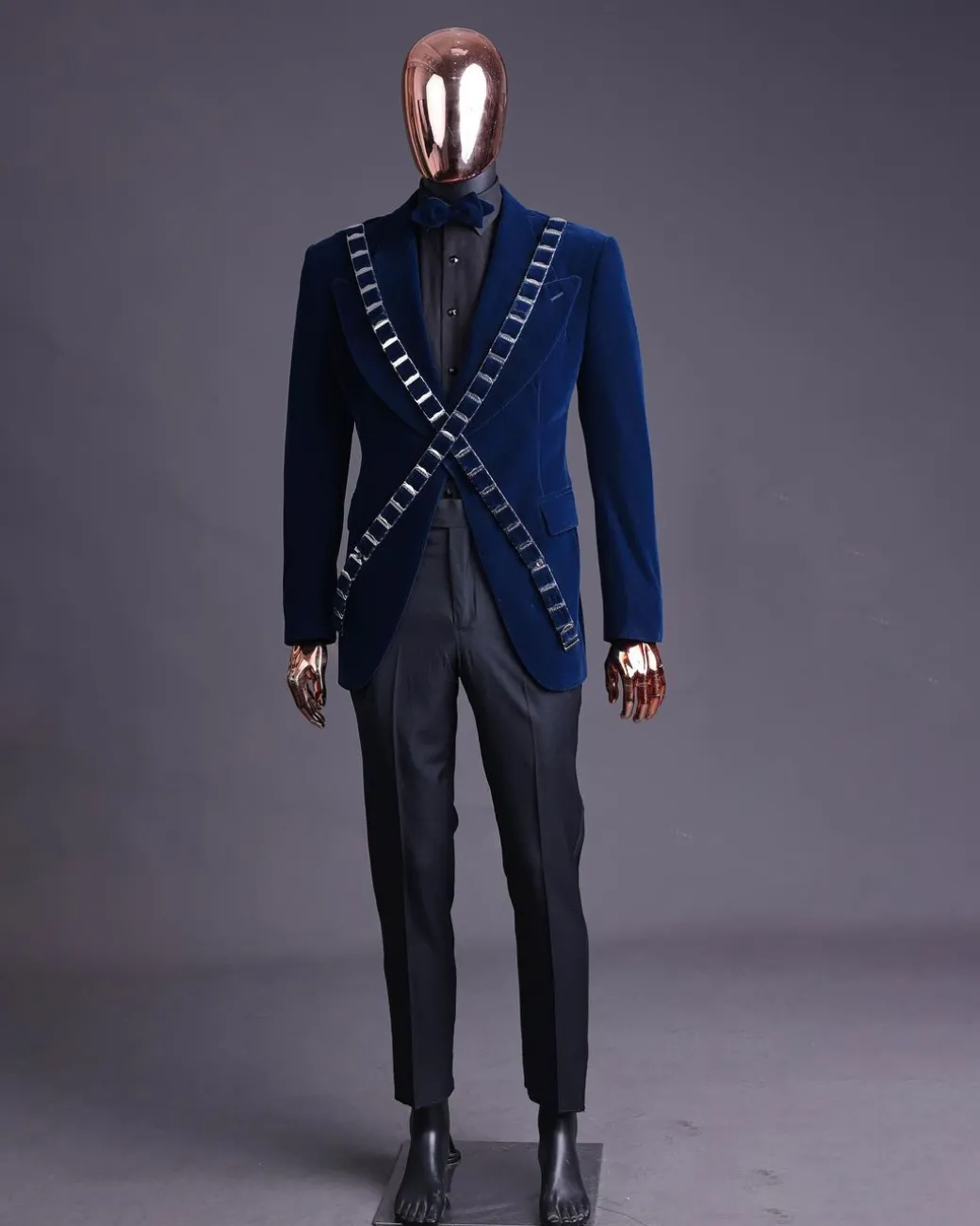 An “X” Midnight Blue, soaked velvet fabric, knitted, wide peak lapel tuxedo suit