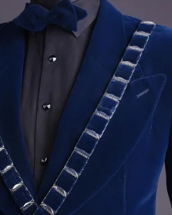 An “X” Midnight Blue, soaked velvet fabric, knitted, wide peak lapel tuxedo suit