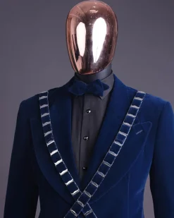 An “X” Midnight Blue, soaked velvet fabric, knitted, wide peak lapel tuxedo suit