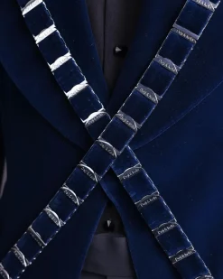 An “X” Midnight Blue, soaked velvet fabric, knitted, wide peak lapel tuxedo suit
