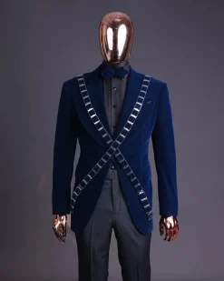 An “X” Midnight Blue, soaked velvet fabric, knitted, wide peak lapel tuxedo suit