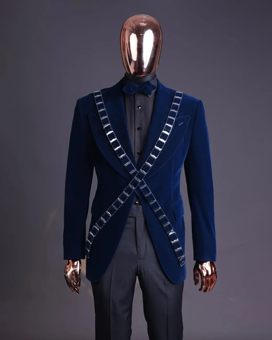 An “X” Midnight Blue, soaked velvet fabric, knitted, wide peak lapel tuxedo suit