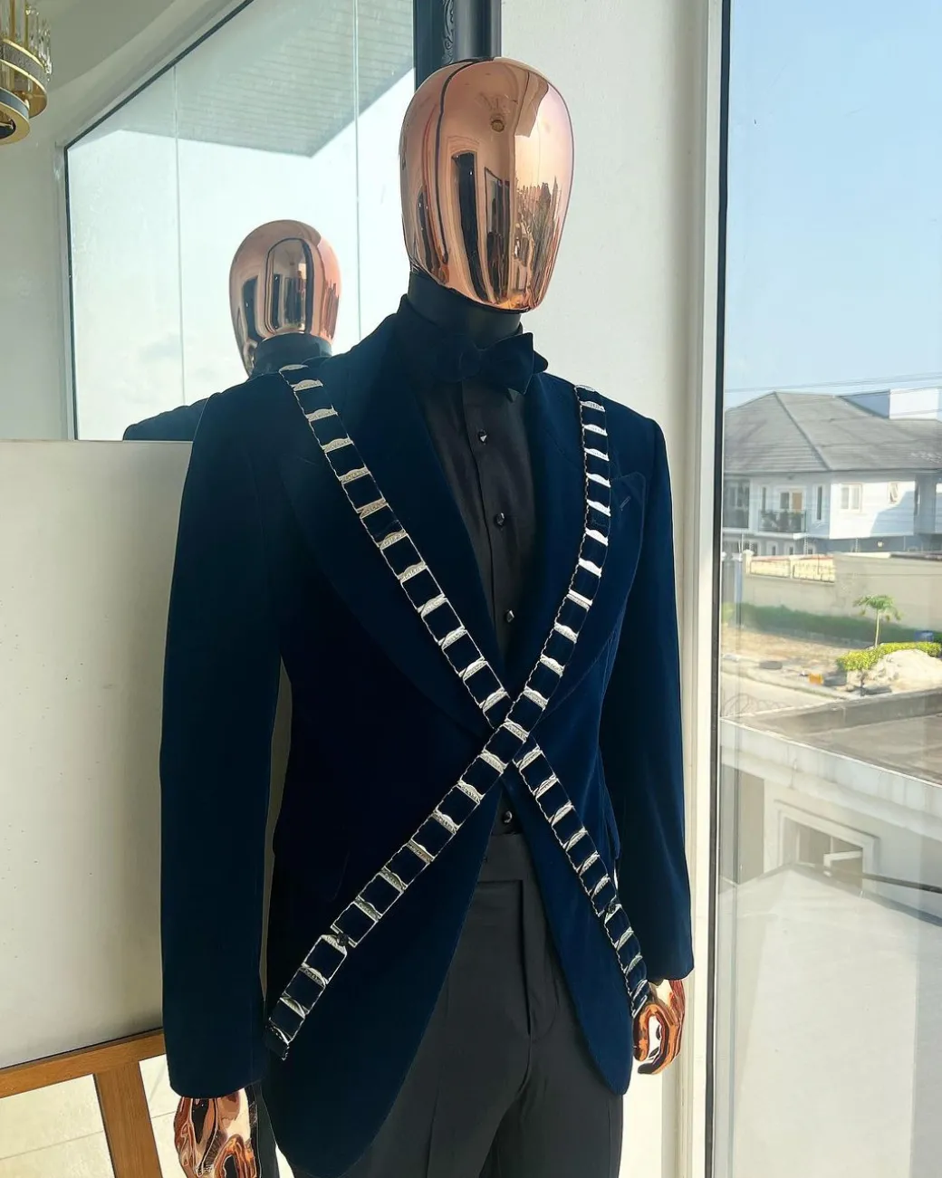 An “X” Midnight Blue, soaked velvet fabric, knitted, wide peak lapel tuxedo suit