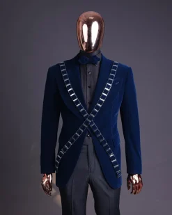 An “X” Midnight Blue, soaked velvet fabric, knitted, wide peak lapel tuxedo suit