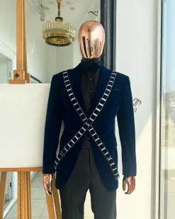 An “X” Midnight Blue, soaked velvet fabric, knitted, wide peak lapel tuxedo suit