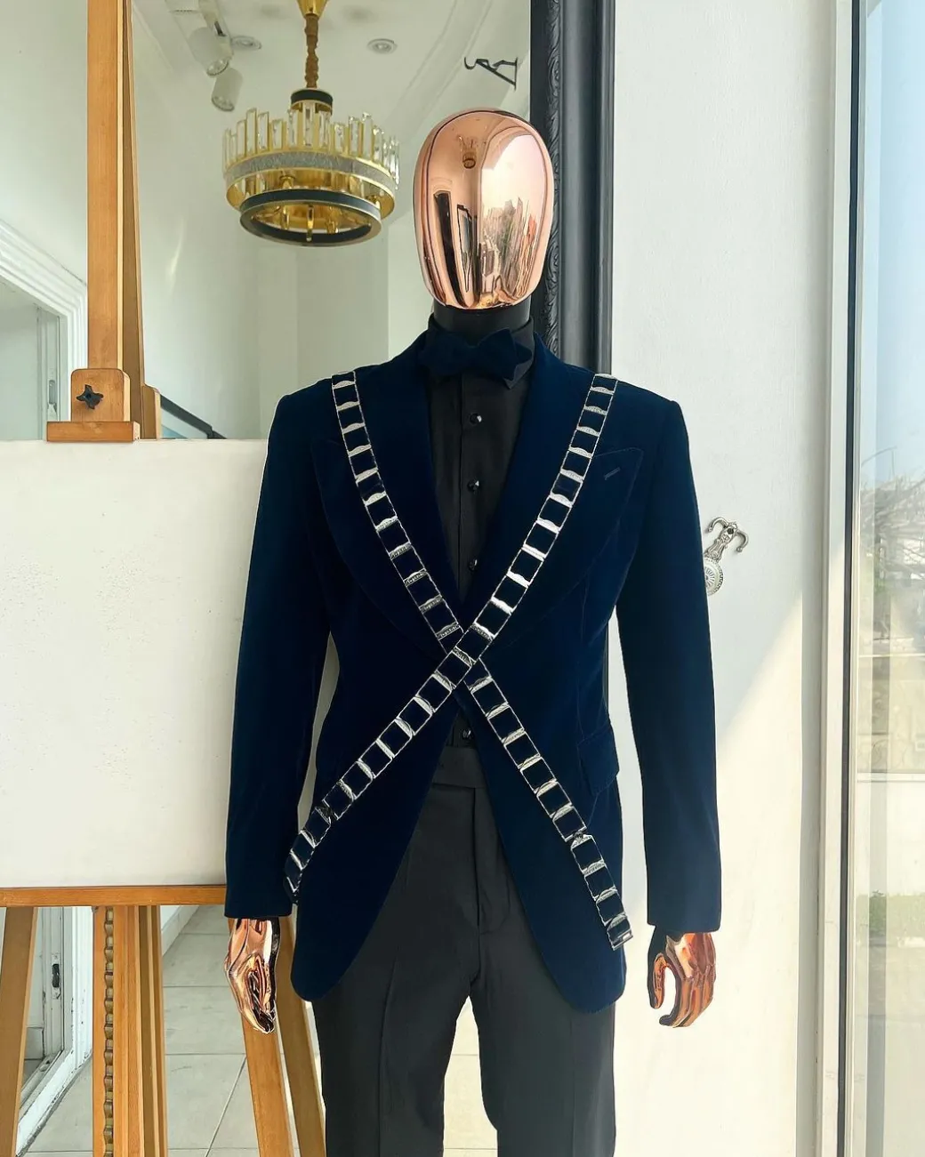 An “X” Midnight Blue, soaked velvet fabric, knitted, wide peak lapel tuxedo suit