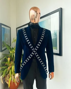 An “X” Midnight Blue, soaked velvet fabric, knitted, wide peak lapel tuxedo suit